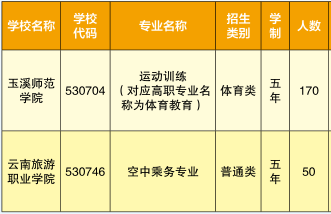 玉溪體育運動學校、學校招生計劃